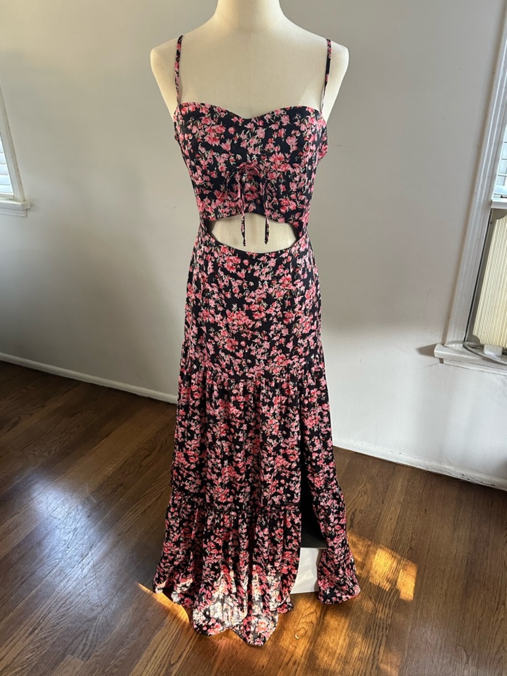 90s Black & Pink Floral Cutout Maxi Dress | Ruched Bust Coquette Tiered